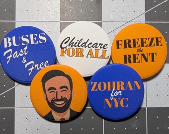 Politisches Button Set – ZOHRAN für NYC, Free Buses, Kinderfürsorge für alle, Free Buses – Pinback oder Magnet – 12 cm Set - 3,25 inch