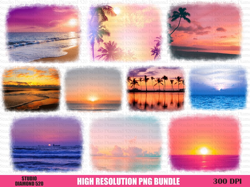 May include: A digital collage of eight sunset images featuring a variety of beach scenes, including palm trees, ocean waves, and a bright orange sunset. The images are framed with a textured border and the text "HIGH RESOLUTION PNG BUNDLE" and "300 DPI" are visible at the bottom of the collage.