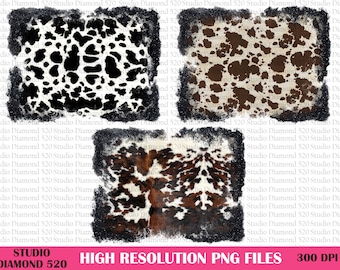 Black Glitter Cowhide Distressed Background 3 Pcs Bundle PNG, Western Black Brown Cow Print Backsplash Sublimation, Instant Download