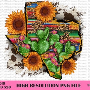 Cactus Girasole Serape Leopardo Pelle di mucca Mappa del Texas, Mappa del Texas occidentale Sublimazione, Mappa del deserto del Texas Png, Download immediato