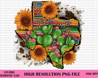 Mapa de Texas con cactus, girasol, sarape, leopardo, piel de vaca, mapa del oeste de Texas, sublimación, mapa del desierto de Texas (PNG), descarga instantánea