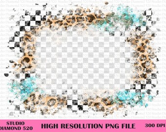 Leopard Race Flag with Bleach Effect Png, Western Checkered Background Png, Black And White Leopard Frame Png, Instant Download
