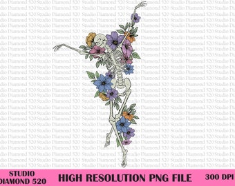 Dancing Skeleton Flower Hippie Boho Png, Romantic Floral Skeleton Sublimation Design Png, Instant Download