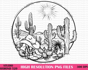 Western Desert Cactus Cowboy Boots Hats Png, Lineart Country Landscape Sublimation, Western Png, Cowboy Png, Instant Download