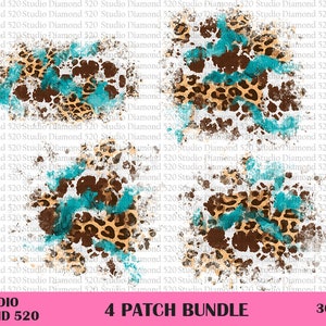 Può includere: Quattro design digitali di carta per scrapbooking con stampa leopardata marrone e beige con schizzi di vernice blu turchese su uno sfondo bianco. Il testo "STUDIO DIAMOND 520 4 PATCH BUNDLE 300 DPI" è nella parte inferiore dell'immagine.