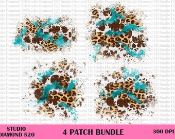 Cowhide Leopard Turquoise Glitter Patch Bundle Png, Distressed Western Patch Png, Cowhide Splash Sublimation, Instant Download