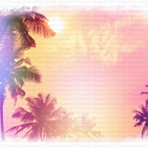 May include: A digital illustration of palm trees silhouetted against a sunset sky. The sky is a gradient of pink, orange, and yellow. The palm trees are a dark silhouette against the bright sky.