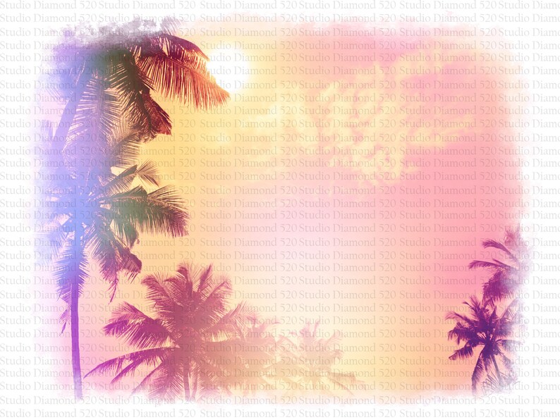 May include: A digital illustration of palm trees silhouetted against a sunset sky. The sky is a gradient of pink, orange, and yellow. The palm trees are a dark silhouette against the bright sky.