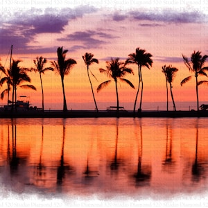 May include: Silhouettes of palm trees stand on a sandy beach at sunset, reflected in the calm water. The sky is a vibrant mix of orange, pink, and purple.