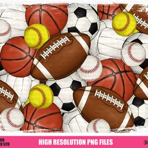 May include: A seamless pattern featuring a variety of sports balls, including baseballs, basketballs, footballs, soccer balls, and softballs. The balls are arranged in a random pattern and are painted in realistic colors.