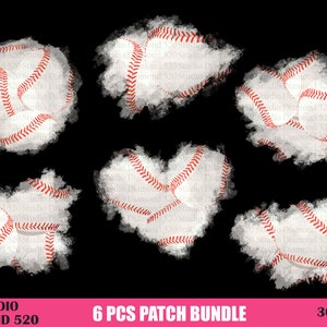 Peut inclure: Six patchs de baseball numériques dans un design blanc et rouge avec un effet aquarelle. Les patchs sont disposés en forme de cœur, de cercle et de groupe. Le texte "STUDIO DIAMOND 520" et "6 PCS PATCH BUNDLE" sont en bas de l'image. Le texte "300 DPI" est en bas à droite de l'image.