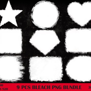 Puede incluir: Nueve formas blancas de estilo grunge sobre un fondo negro. Las formas incluyen una estrella, un círculo, un corazón, un cuadrado, un diamante, un rectángulo y tres formas ovaladas diferentes.  9 PCS BLEACH PNG BUNDLE 300 DPI