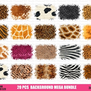 May include: A collection of 20 animal print background designs, including leopard, zebra, tiger, and cow patterns. The designs are square with a distressed border and are suitable for various creative projects.