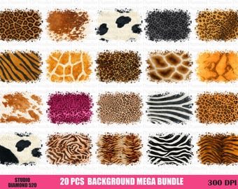 Paquete de estampados animales para sublimación, imágenes prediseñadas de leopardo y guepardo con efecto desgastado, fondo de piel de vaca en PNG, piel de serpiente, jirafa y cebra en PNG, descarga instantánea