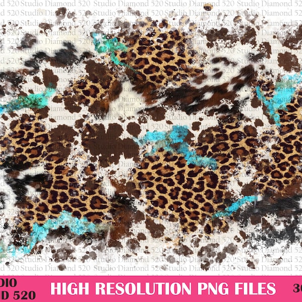 Cowhide Leopard Turquoise Background PNG, Western Distressed Cow Fur Cheetah Backsplash Sublimation, Instant Download