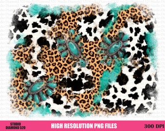 Western Background Png, Leopard Cowhide Gemstone Distressed Background Png,  Cow Print Cheetah Turquoise Png, Instant Download