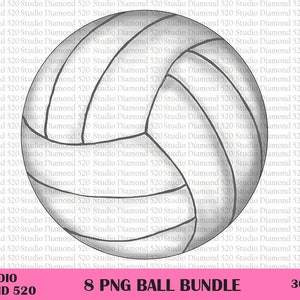 May include: A black and white volleyball graphic with a 3D effect. The graphic is on a white background with the text "Studio Diamond 520" and "8 PNG Ball Bundle" at the bottom.
