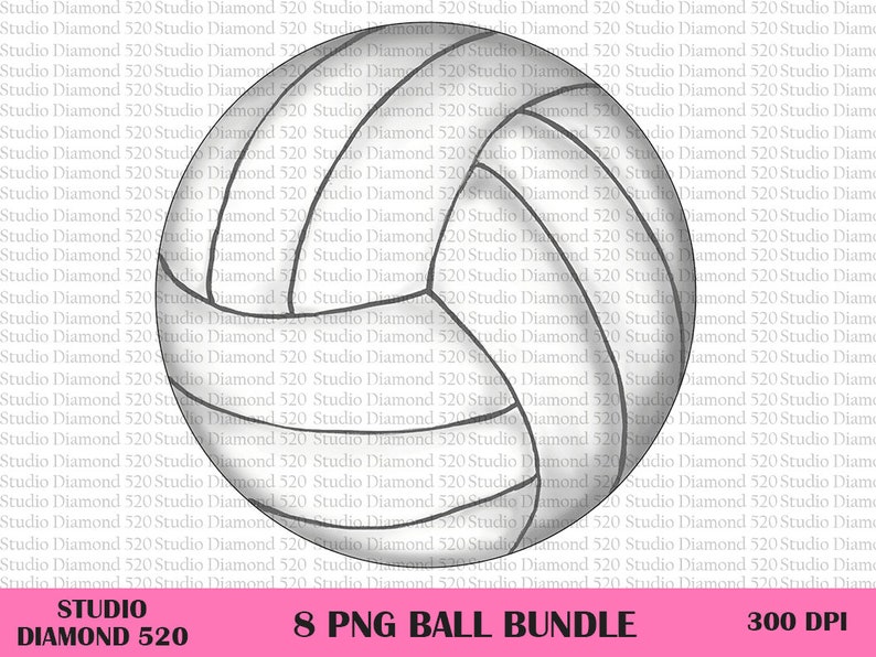 May include: A black and white volleyball graphic with a 3D effect. The graphic is on a white background with the text "Studio Diamond 520" and "8 PNG Ball Bundle" at the bottom.
