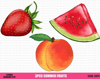 Hand Drawn Fuits Png, Summer Fruits Png, Peach Png, Strawberry Png, Watermelon Png, Fruit Bundle Png, Fruit Sublimation, Instant Download