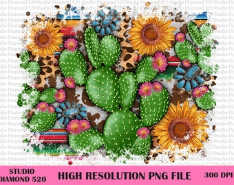 Cactus Sunflower Leopard Serape Gemstone Cowhide Png, Western Cactus Background Png, Cactus Sublimation Png, Instant Download