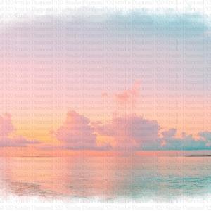 May include: A watercolor painting of a sunset over the ocean. The sky is a mix of pink, orange, and yellow, with fluffy white clouds. The water is a calm blue, reflecting the colors of the sky.