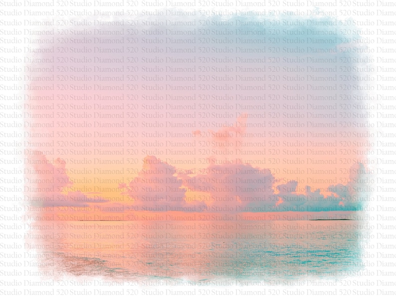 May include: A watercolor painting of a sunset over the ocean. The sky is a mix of pink, orange, and yellow, with fluffy white clouds. The water is a calm blue, reflecting the colors of the sky.