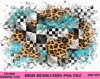 Leopard Race Flag Background Png, Leopard Checkered Turquoise Background Png, Black and White Flag Western Background Png, Instant Download