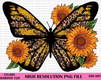 Western Leopard Butterfly Sunflower Glitter Png, Butterfly Png, Sunflower, Country Floral Glitter Sublimation Design Png, Instant Download