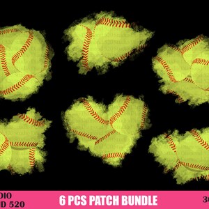 May include: Six digital graphics of yellow and red softball patches with a watercolor effect. The patches are in various shapes and sizes, including a heart shape.