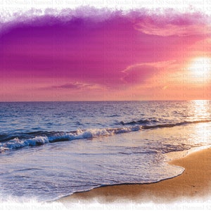 May include: A watercolor painting of a sunset over the ocean. The sky is a vibrant pink and orange, with clouds reflecting the light. The ocean is a deep blue, with waves crashing on the sandy shore.
