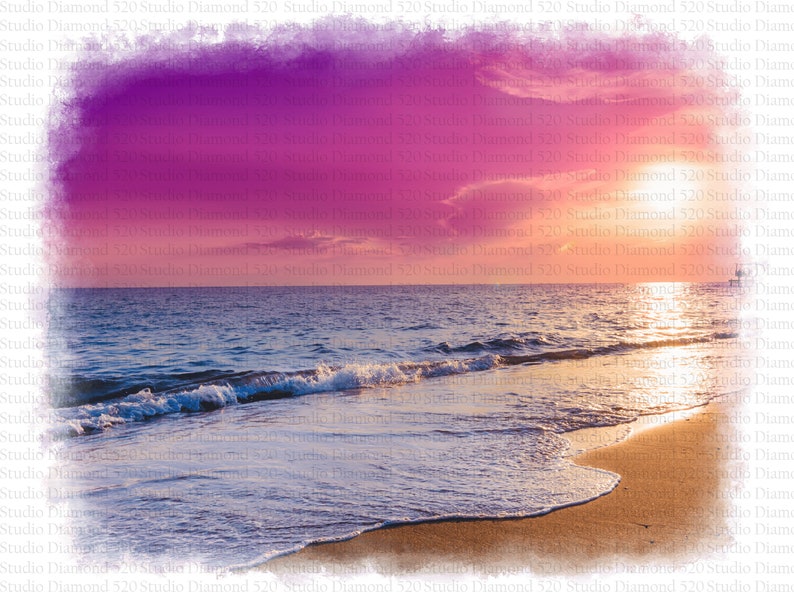 May include: A watercolor painting of a sunset over the ocean. The sky is a vibrant pink and orange, with clouds reflecting the light. The ocean is a deep blue, with waves crashing on the sandy shore.