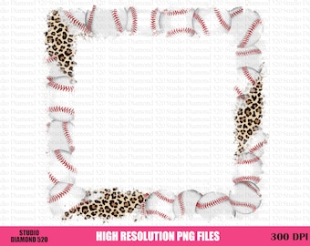 Distressed Baseball Leopard Frame Png, Hand Drawn Baseball Background Cheetah Sublimation, Sport Square Border Clipart, Instant Download