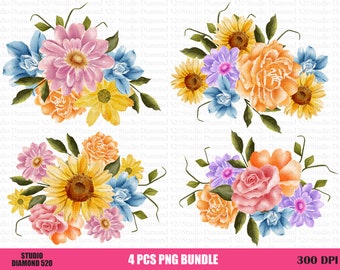 Flower Bundle Png, 4 Pcs Floral Bouquet Png, Flower Sublimation, Watercolor Flowers Png, Floral Border Png, Wildflower Png, Instant Download