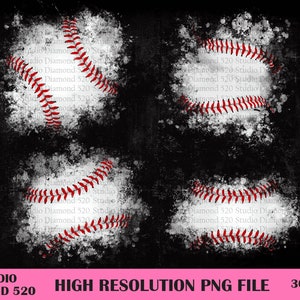 May include: Four baseball designs with red stitching on a white background, surrounded by a white splatter effect, set against a black textured backdrop. The image includes the text "STUDIO DIAMOND 520 HIGH RESOLUTION PNG FILE 300 DPI".