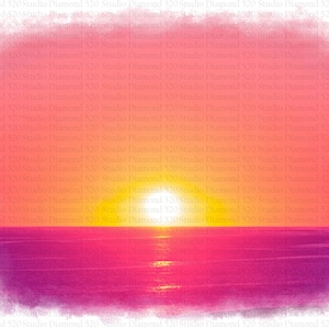 May include: A watercolor painting of a sunset over the ocean. The sky is a gradient of pink, orange, and yellow, with a bright white sun in the center. The ocean is a deep purple color.