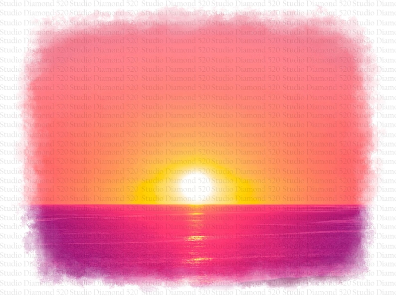 May include: A watercolor painting of a sunset over the ocean. The sky is a gradient of pink, orange, and yellow, with a bright white sun in the center. The ocean is a deep purple color.