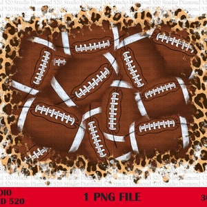 May include: A digital graphic design featuring a brown and white football pattern with a leopard print border. The footballs are arranged in a random pattern and are slightly faded to give a vintage look.