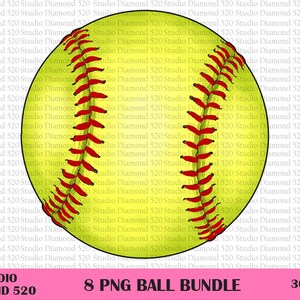 May include: A yellow and red softball with white stitching. The softball is on a white background with the text "Studio Diamond 520" and "8 PNG Ball Bundle" in black text and "300 DPI" in pink text.