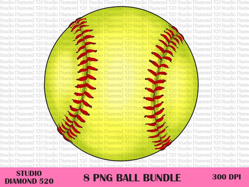 May include: A yellow and red softball with white stitching. The softball is on a white background with the text "Studio Diamond 520" and "8 PNG Ball Bundle" in black text and "300 DPI" in pink text.