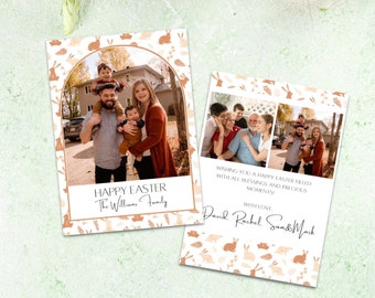 May include: A Happy Easter greeting card with a family photo and a bunny rabbit pattern. The card reads "Happy Easter The Williams Family" and "Wishing you a Happy Easter filled with all blessings and precious moments! With love, David Rachel Sam & Mark".