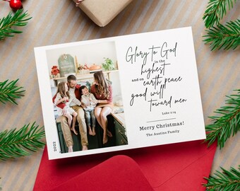 Editable Religious Christmas Cards with Photo, Christian Christmas Card Template, Printable Instant Download, Bible Verse, Canva Template