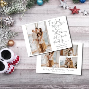Modelo de cartão de Natal cristão editável com foto, modelo de cartão de Natal religioso, modelo Canva, cartão de versículo da Bíblia, personalizado