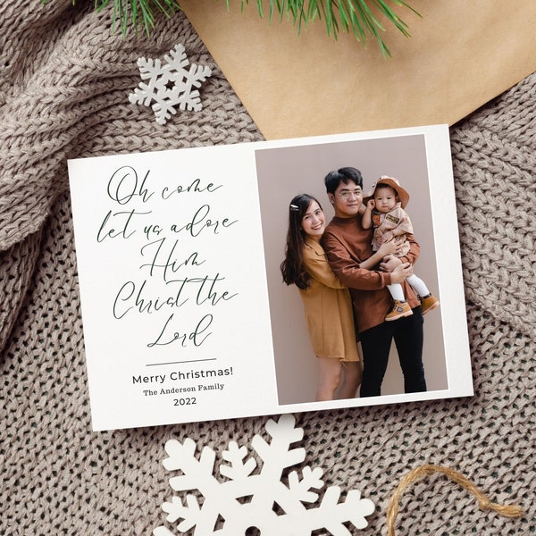 Religious Christmas Cards with Photo, Christian Christmas Card Template, Instant Download, Bible Verse Card, Canva Template