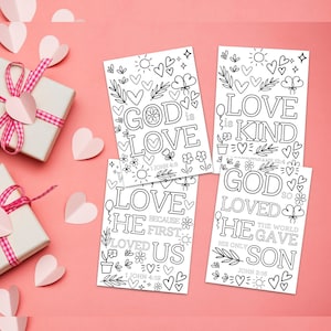 Juego de 4 tarjetas de San Valentín con versículos bíblicos, tarjetas para colorear imprimibles, tarjetas cristianas de San Valentín para niños, versículos bíblicos para el aula de San Valentín, descarga