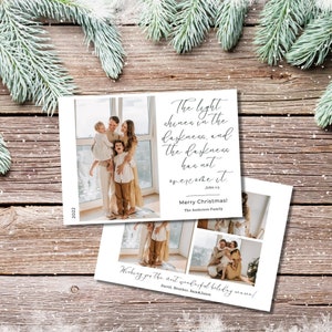 Plantilla editable de tarjeta de Navidad cristiana con foto, plantilla de tarjeta de Navidad religiosa, plantilla Canva, tarjeta de versículo bíblico, personalizada