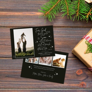 Bearbeitbare christliche Weihnachtskartenvorlage mit Foto, religiöse Weihnachtskartenvorlage, Canva-Vorlage, Bibelverskarte, personalisiert