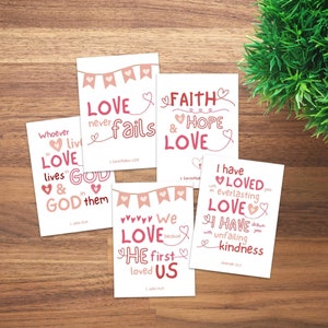 Biglietti di San Valentino con Scritture stampabili, set di 5 biglietti di San Valentino cristiani, biglietti di San Valentino con versetti della Bibbia, biglietti di San Valentino in classe, scaricabili