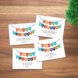 Afdrukbare verjaardagskaarten schrifttekst, set van 4 wenskaarten, kaarten met christelijke bijbelteksten, kaarten met motiverende aanmoediging, direct downloaden