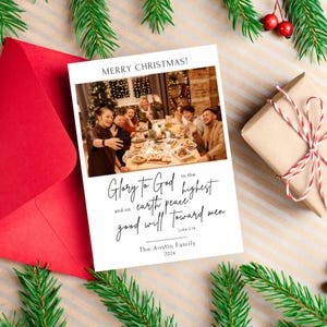 Bewerkbare christelijke kerstkaarten met foto, kaartsjabloon religieuze kerstfamilie, direct downloaden, kaart met bijbelvers, canvassjabloon