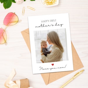 Tarjeta editable para el primer día de la madre con foto, tarjeta para mamá, tarjeta personalizada "Te amo, mamá", plantilla imprimible de Canva